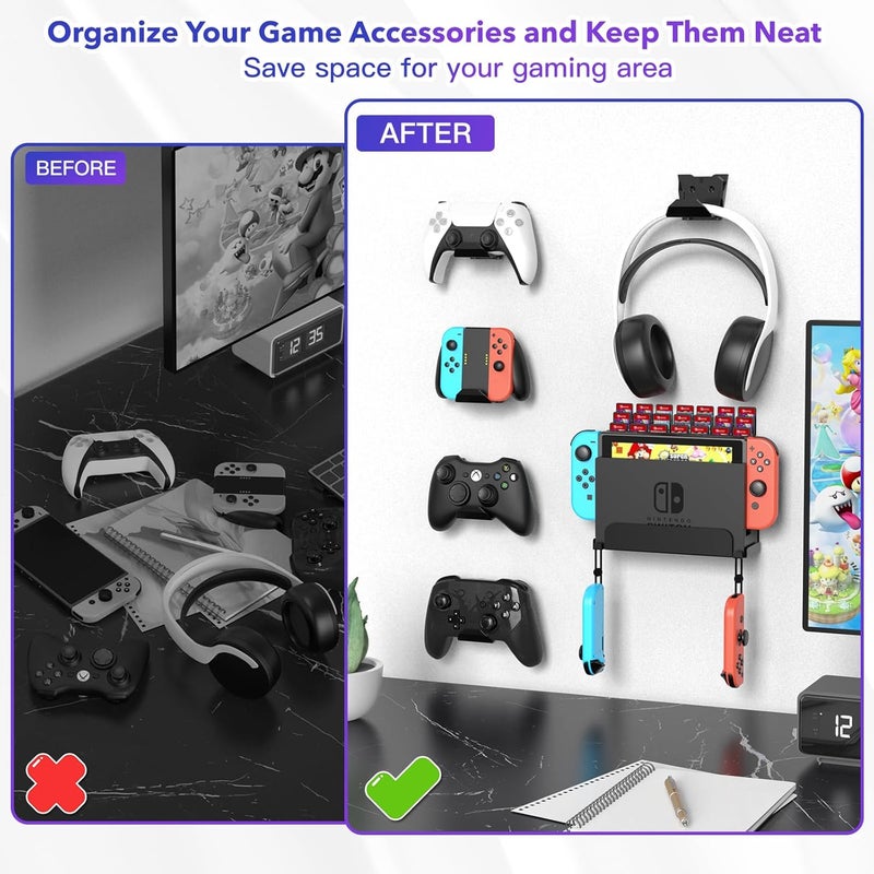 KUNSLUCK Wall Mount for Nintendo Switch/Switch OLED with 2 Controller Wall Mount and 28 Game Card Holders, Safely Store Your Switch Console Near or Behind Your TV (Black) - Image 3